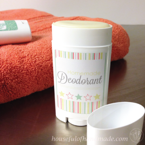 Homemade deodorant in a deodorant stick container with printed label on it.