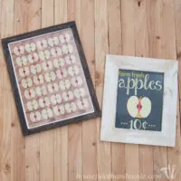 Two fall apple signs in frames laying on a wood background.