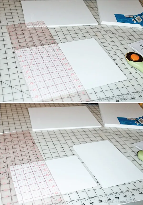 Cutting the foam sheets with a ruler. 