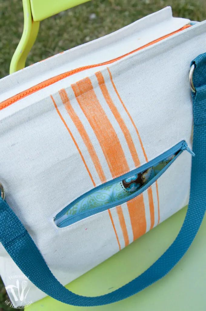 Handmade purse made from a drop cloth with flour sack stripes painted on the front. 