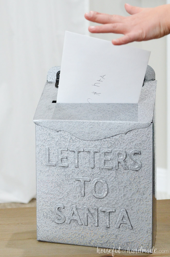 DIY Letters to Santa mailbox made from an old cereal box but looks like metal.