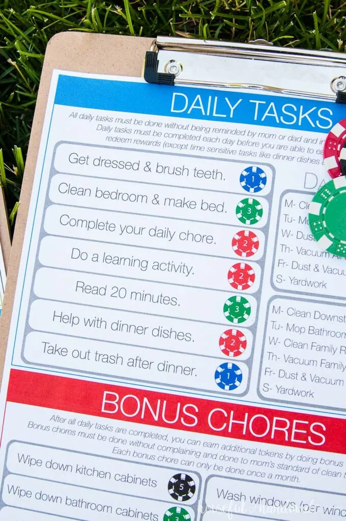 free printable chore chart for kids on clip board