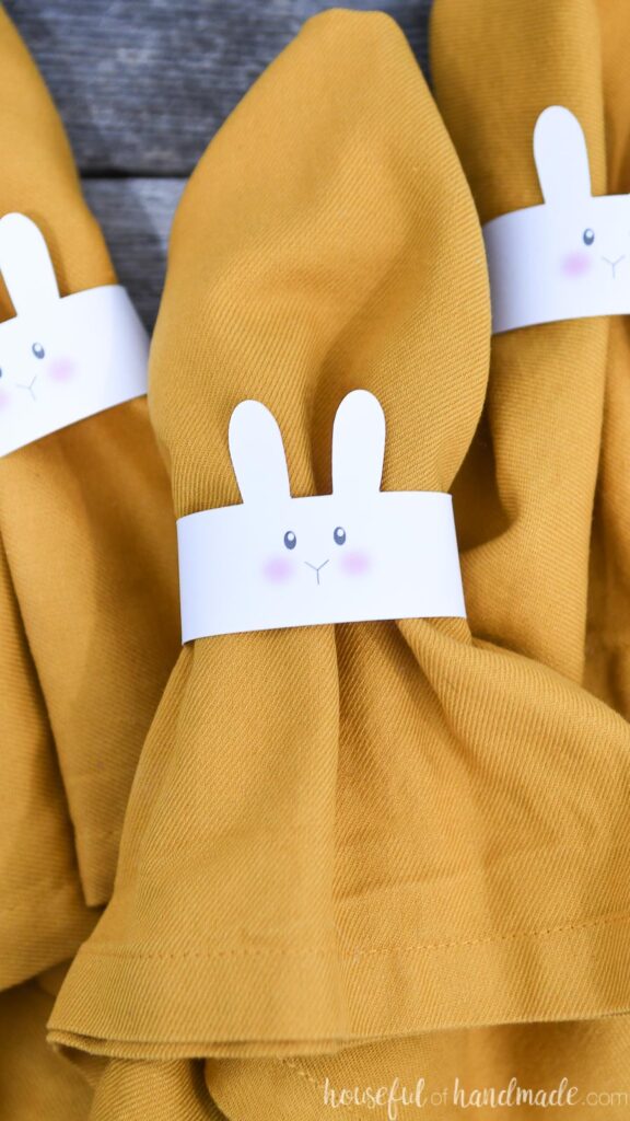 Close-up of the bunny face on the front of the Easter napkin rings. 