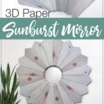 Picture of all the printed pieces of the faux wood sunburst mirror next to picture of assembled mirror.
