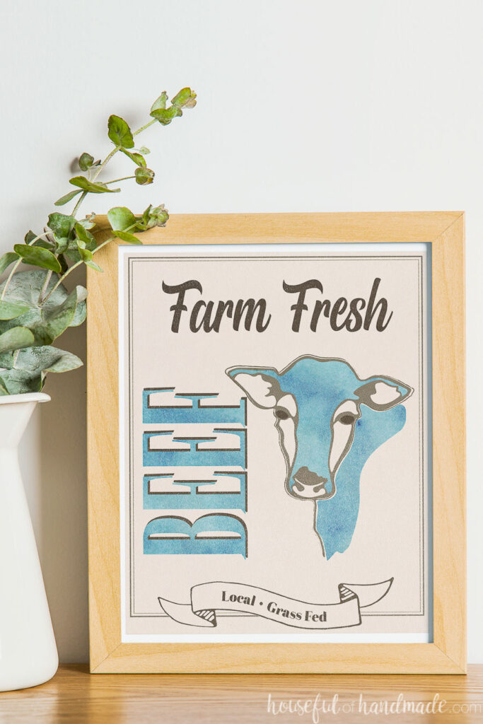 Frame with farm fresh Beef printable art in blue. 