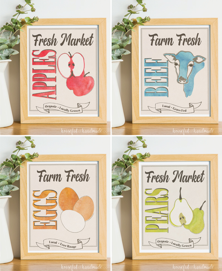 Four different farmers market themed art prints. 