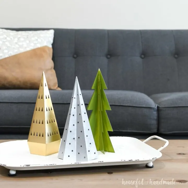 3 paper christmas trees on tray