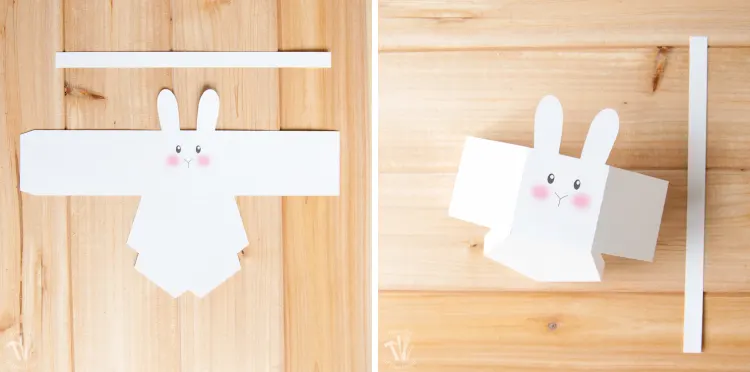 The pieces of the bunny basket cut out and folded. 