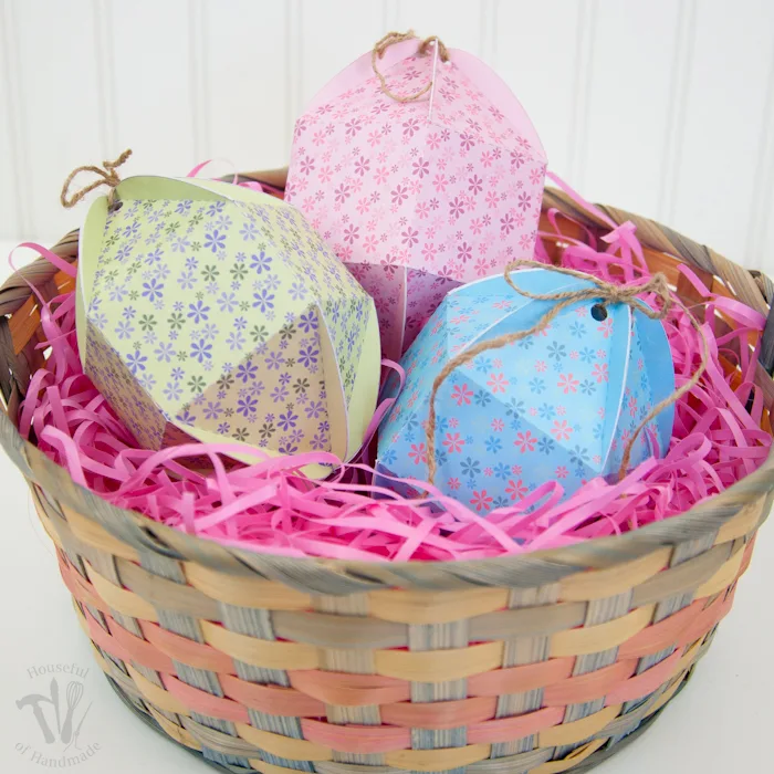 Printable Egg Shaped Boxes set of 3 shown in Easter basket