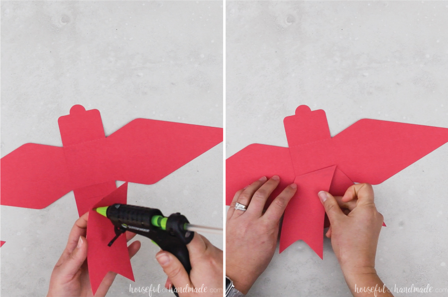 Two pictures showing the bow tails being glued to the back of the red bow gift card holder.