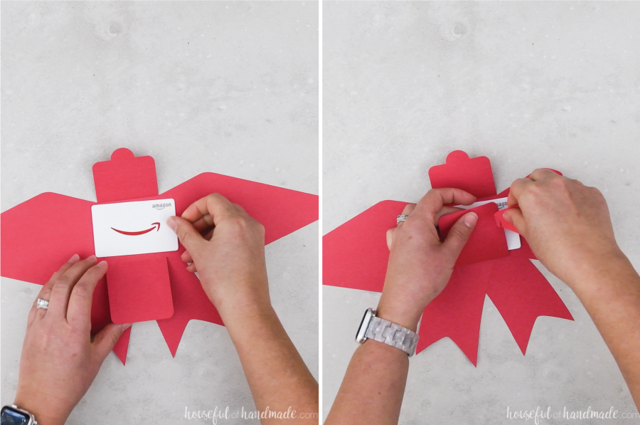 Two pictures showing the gift card being placed in the holder and the sides being folded in and secured.