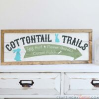 Close up of the Cottontail Trails Easter sign painted with sage and turquoise colors.