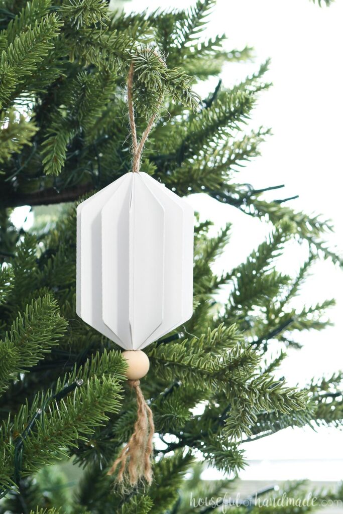 Close up of the emerald shaped 3D paper Christmas ornament made from paper. 