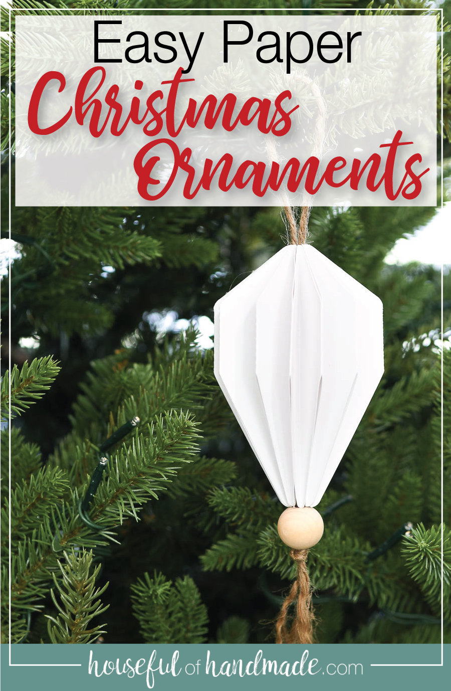 3D Jewel Christmas ornament hanging on a tree with text overlay: easy paper Christmas ornaments.
