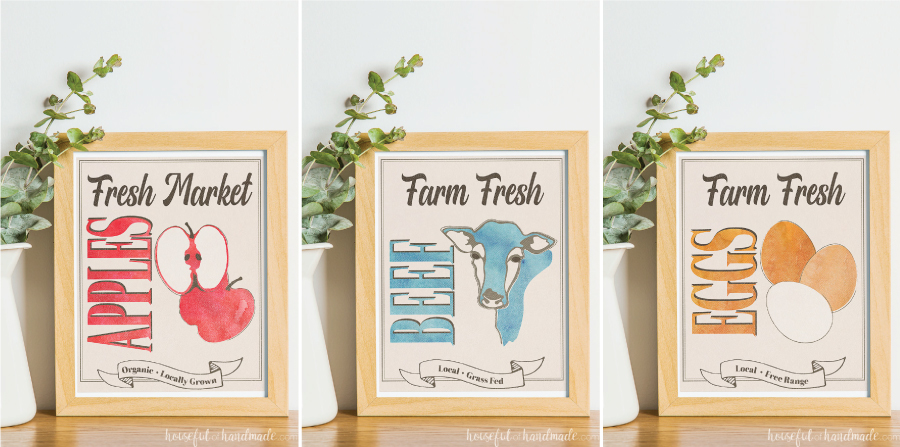 Three farm inspired fall printables: fresh market apples, farm fresh beef, and farm fresh eggs. 
