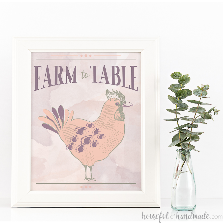 Pink and gray whimsical rooster art with words Farm to Table on it. 