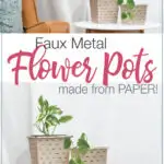 Two pictures of the faux metal flower pots on a table with plants inside.