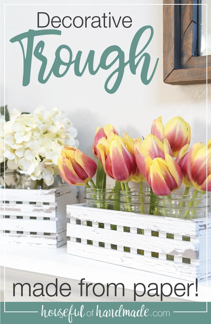 Farmhouse trough decor with flowers inside and text overlay.