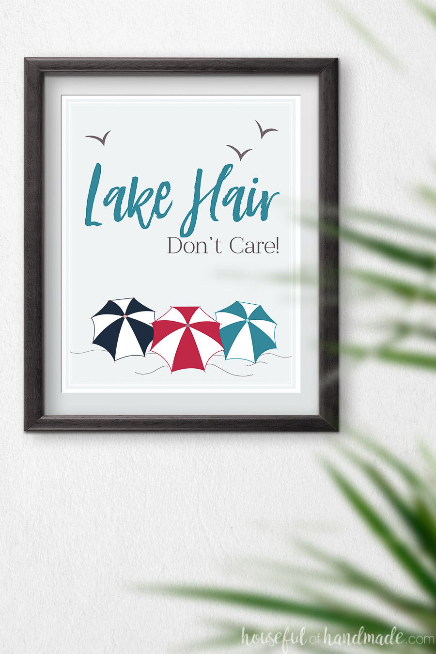 Lake Hair art print for summer with 3 colorful beach umbrellas. 