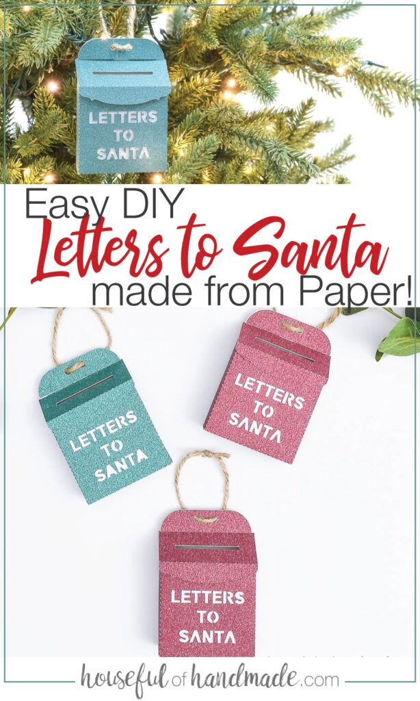 Mini Santa Mailbox Christmas ornaments on a white table with greenery and text overlay: Santa Mailbox Ornaments. 