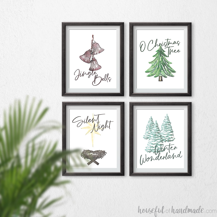 Four watercolor Christmas printables based off classic Christmas songs: Jingle Bells, O Christmas Tree, Silent Night, and Winter Wonderland. 
