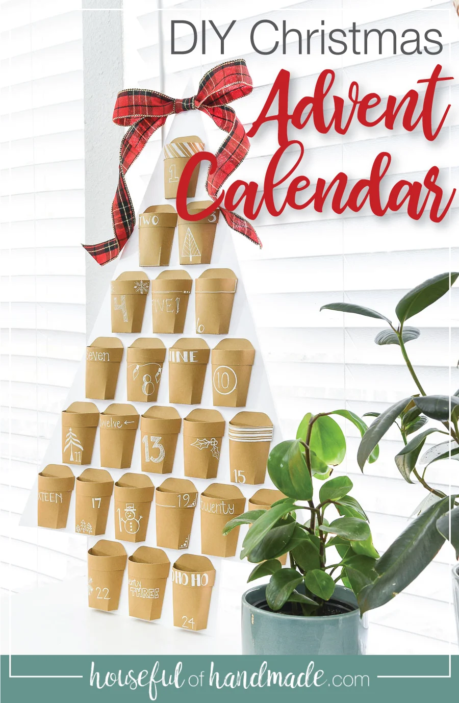 Picture of the finished DIY advent calendar with text overlay: DIY Christmas Advent Calendar. 