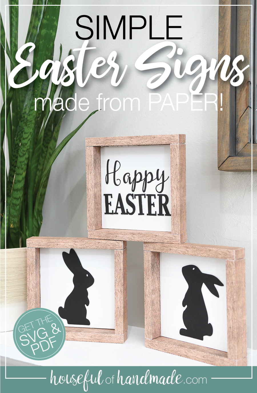 Three simple Easter signs with wood frames with text overlay.