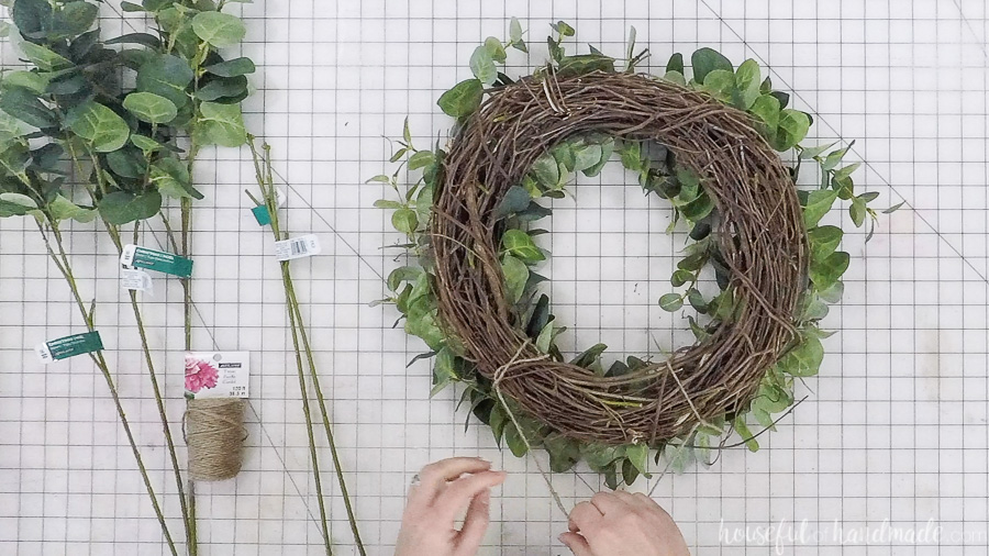 Making a place to hang the eucalyptus wreath.