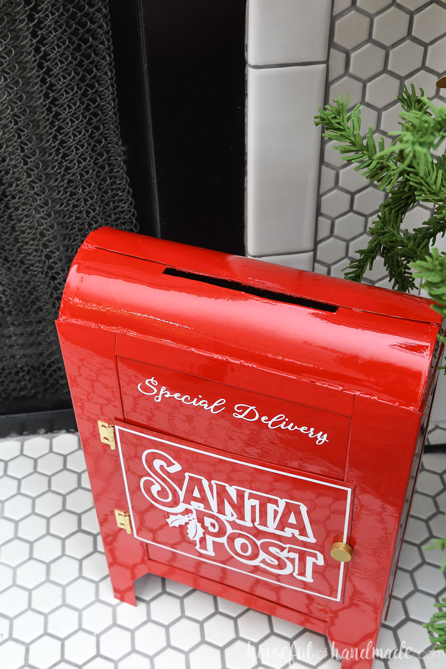 Top view of the mail slot on the Santa mailbox DIY. 