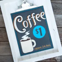 Printable Vintage Inspired Coffee Signs on rustic clipboard