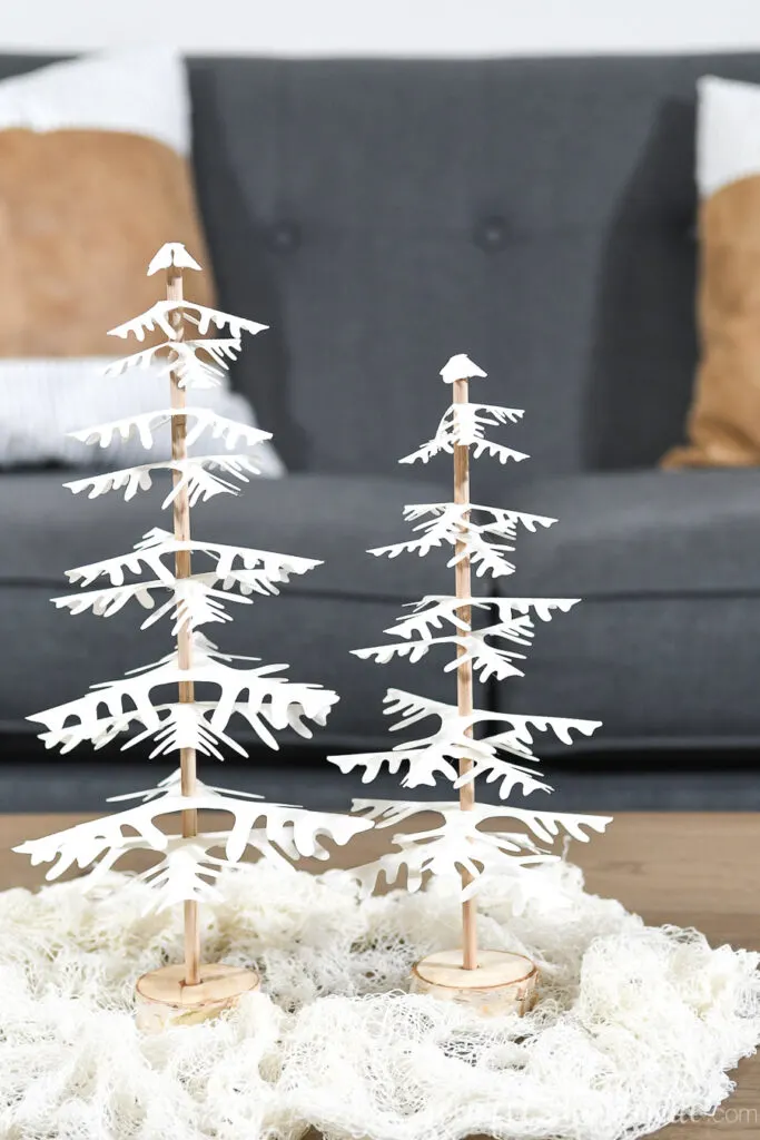 set of 2 decorative paper christmas trees close up