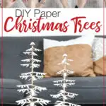 DIY paper Christmas trees on a table and shots of assembling them.