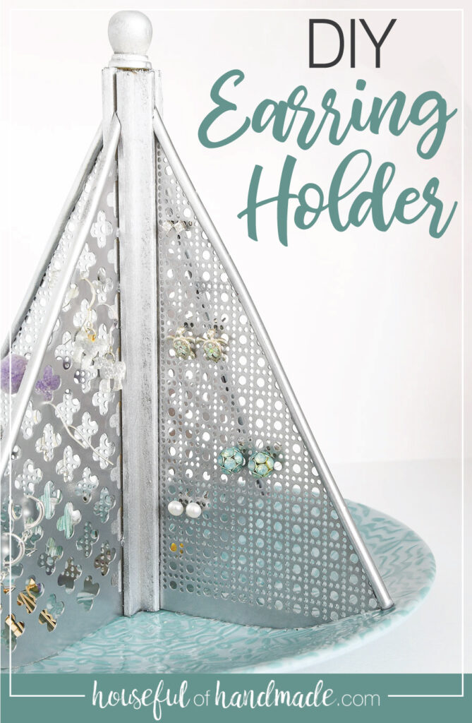 Earring holder with text overlay. 