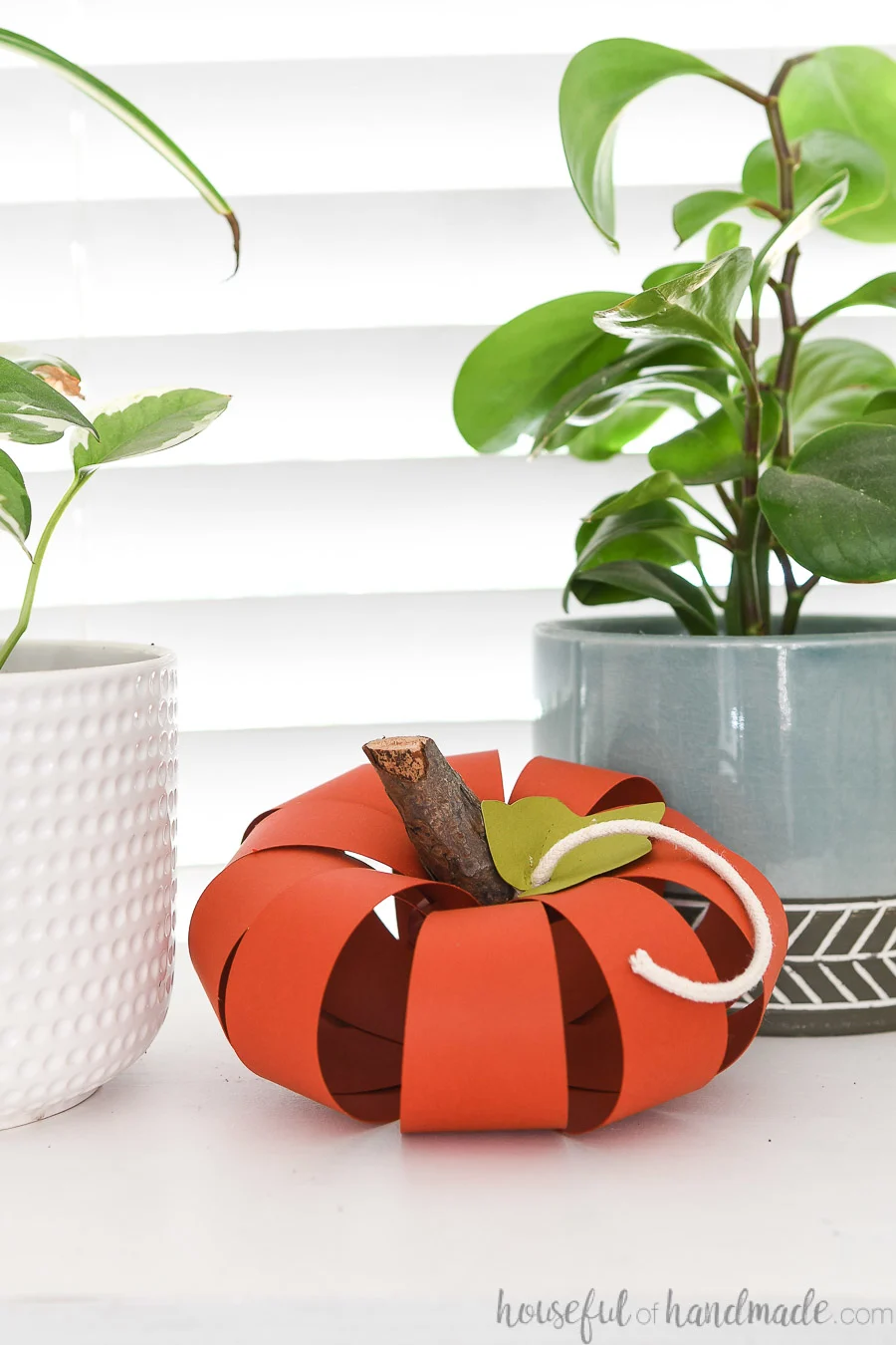 Close up of the small dark orange paper pumpkin nestled in between two house plants. 