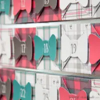 Close up of the plaid boxes on the Christmas advent calendar.