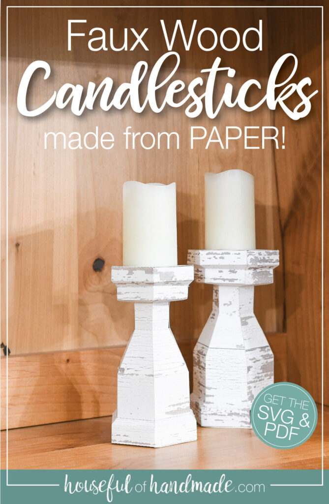 Picture of the faux wood candlesticks made from paper with text overlay.