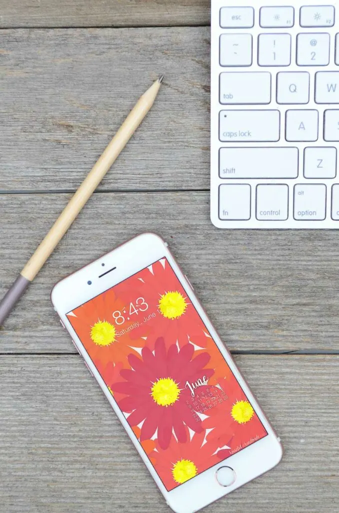 White iPhone with free digital background for June on the screen.