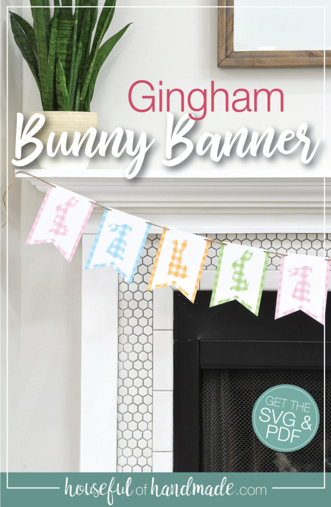 Threading the pieces of the gingham bunny banner onto twine. 