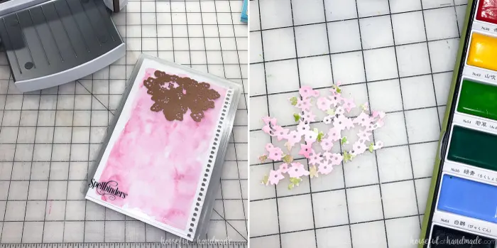 cutting out watercolor flowers for spring candle diy