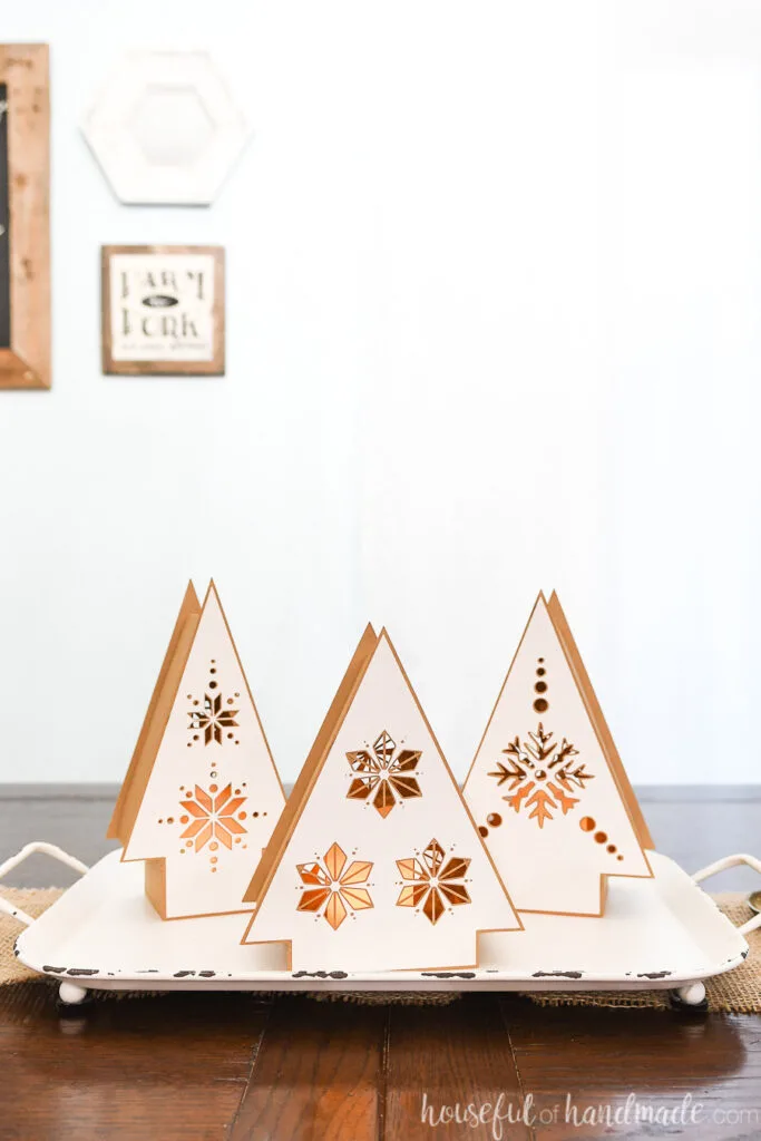 set of 3 nordic christmas tree paper lanterns on tray