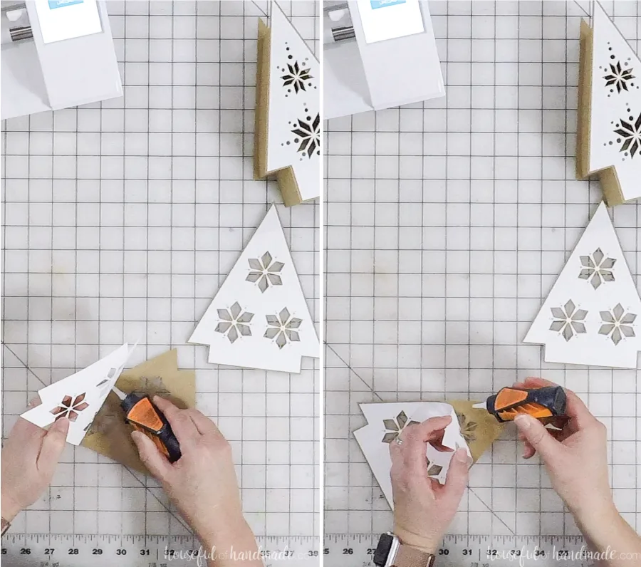 split screen of nordic christmas tree paper lanterns being assembled