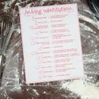 Printable baking substitutions chart on a table surrounded by flour.