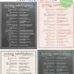 Four baking substitutions charts in different colors with text overlay: printable baking substitutions, Get the Printable.