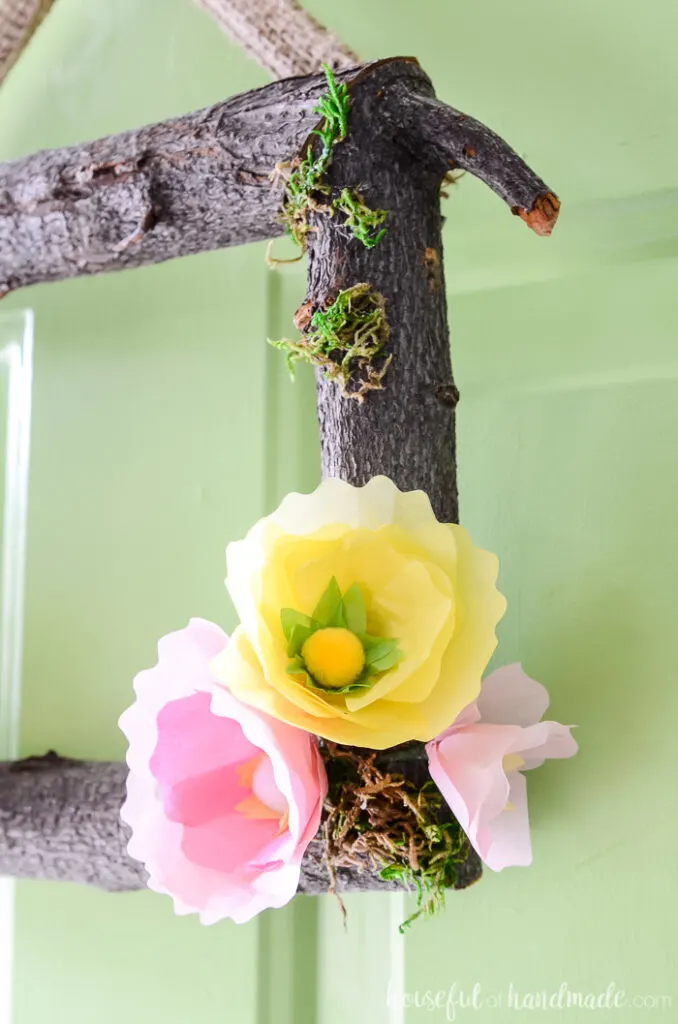 side view of spring flower wreath with paper flowers