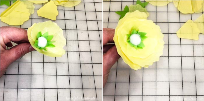 finished tissue paper flowers with yellow and green