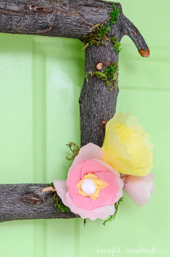 tree branch wreath diy with tissue paper flowers