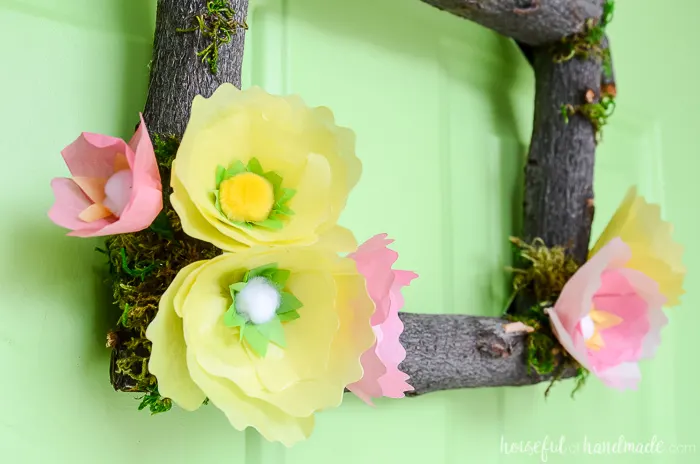 tree branch wreath diy with spring paper flowers