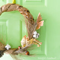 Close up view of the rustic fall wreath made from paper grocery bags.
