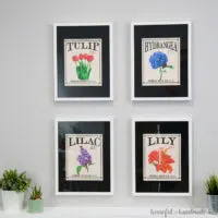 Four flower art prints that look like vintage seed packets in white frames with black mats above a mantel.