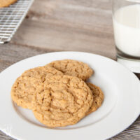Four malted peanut butter oatmeal cookies on a white plate.
